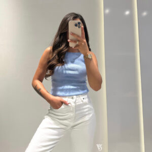 Dilvin Kare Yaka Askılı Triko Bluz -MAVİ