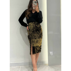 Sateen Payetli Midi Etek