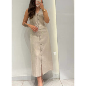 Dilvin V Yaka Keten Elbise -TAŞ