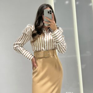 Sateen Çizgili Vatka Detaylı Gömlek -VİZON