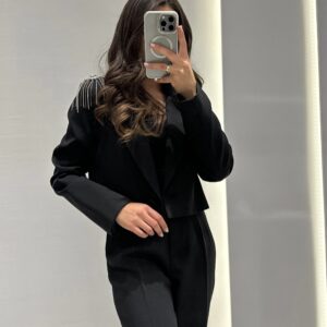 Sateen Aksesuarlı Crop Blazer Ceket -SİYAH