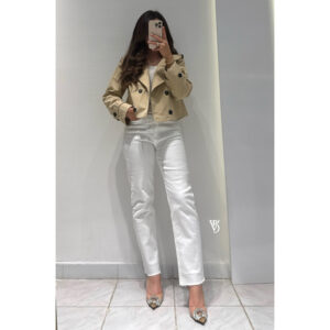 Kruvaze Yaka Crop Trençkot -BEJ