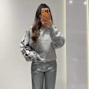 Dilvin Yün Karışımlı Aksesuar Detaylı Triko Kazak -GRİ