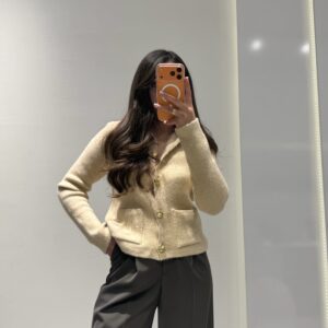 Dilvin Cep Detaylı Parıltılı Triko Hırka -BEJ