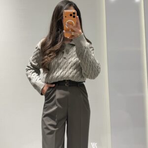 Saç Örgülü Düğmeli Kazak -VİZON