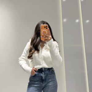 Yakası Kürk Detaylı Yumoş Hırka -BEYAZ