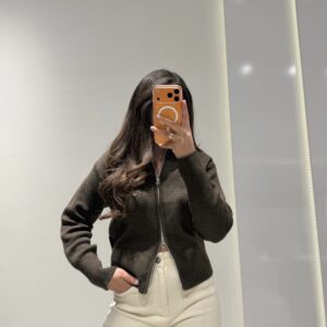 Çift Fermuarlı Dik Yaka Triko Hırka -ACI KAHVE