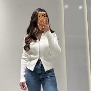 Polo Yaka Çift Fermuarlı Triko Hırka -EKRU