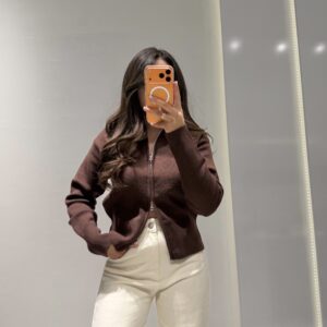 Çift Fermuarlı Dik Yaka Triko Hırka -CHERRY