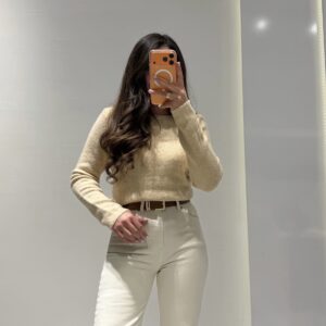 Dilvin Yün Karışımlı Parıltılı Kayık Yaka Kazak -BEJ