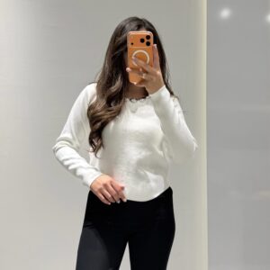 Yakası Taş Detay Verev Triko -BEYAZ