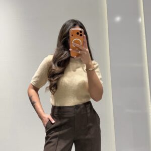 Dilvin Parıltılı Kısa Kollu Kazak -BEJ