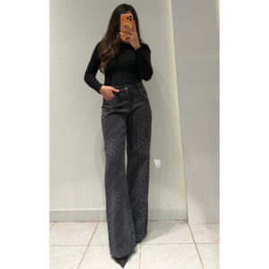 Leopar Desenli Yıldız Cepli Jean -SİYAH/GRİ