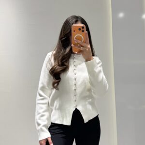 Düğme Detay Triko Hırka -BEYAZ