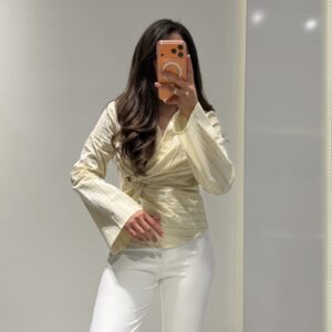 Çizgili Burgu Detay Gömlek -SARI