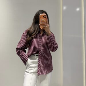 Oversize Çizgili Gömlek -BORDO