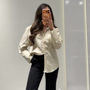 Oversize Çizgili Gömlek -BEJ