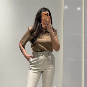 Polo Yaka Vatkalı T-Shirt -CAMEL