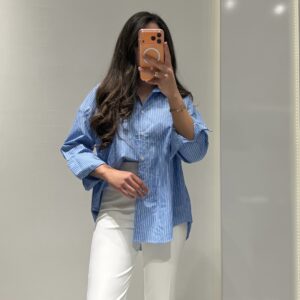 Çizgili Oversize Gömlek -MAVİ