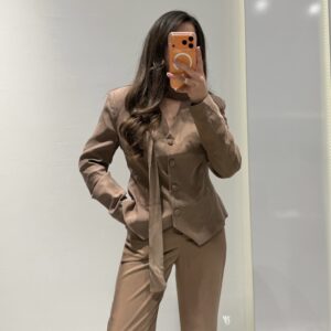 Vatkalı Fular Detay Blazer Ceket -CAMEL