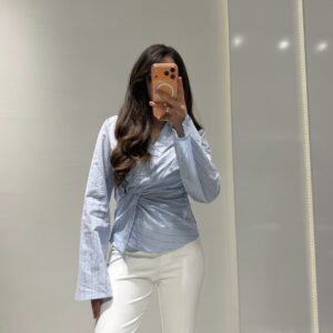 Çizgili Burgu Detay Gömlek -MAVİ