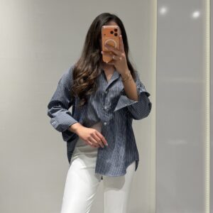 Çizgili Oversize Gömlek -LACİVERT