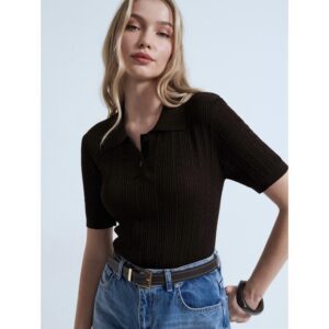 Dilvin Polo Yaka Ajurlu Triko T-Shirt -ACI KAHVE