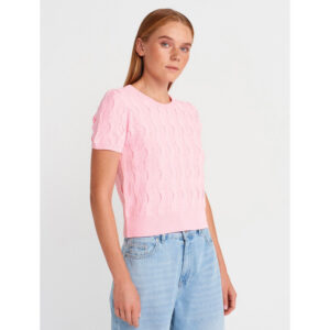 Dilvin Bisiklet Yaka Dokulu Triko T-shirt -PEMBE